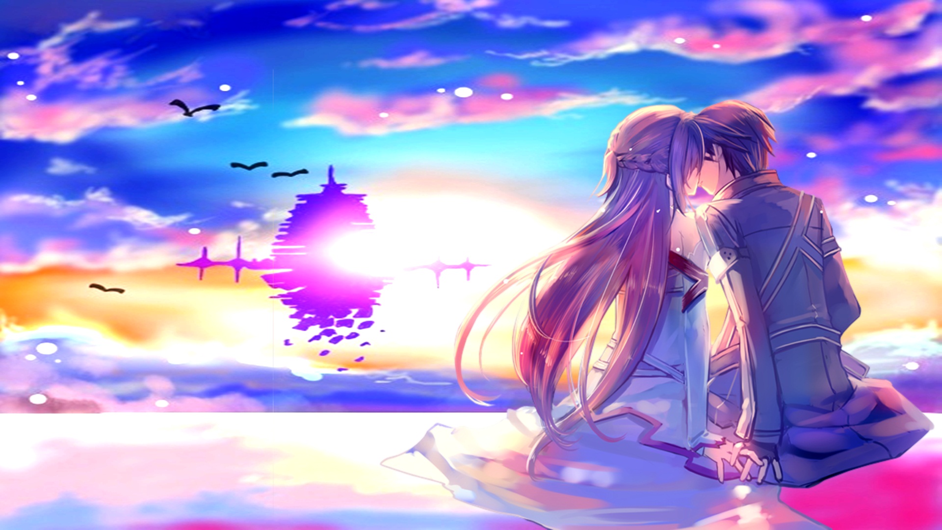 In Aincrad, Kirito and Asuna are kissing.