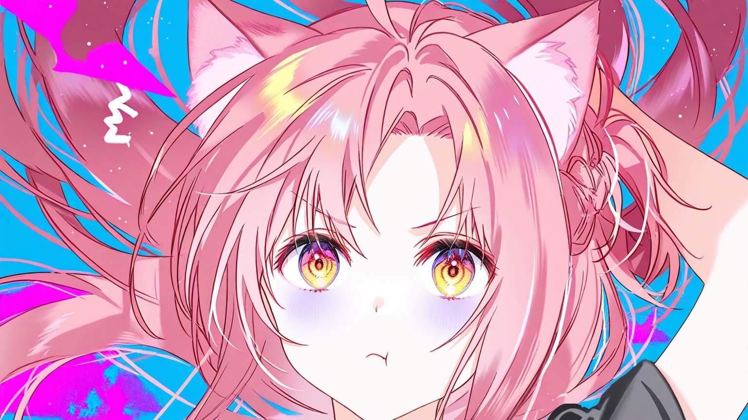 Asuna, wearing cat ears, is making a mischievous face.