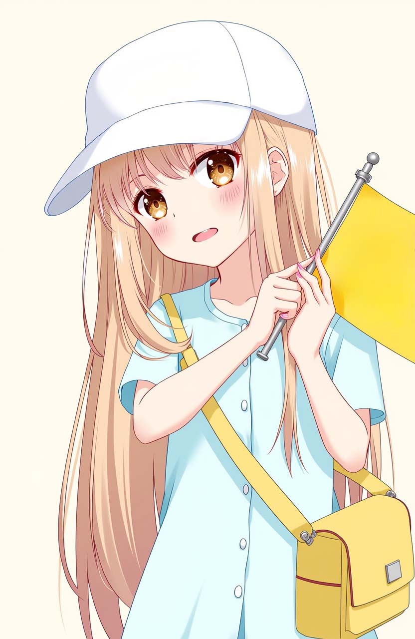 Asuna, wearing a white hat, adorably holds a yellow flag.