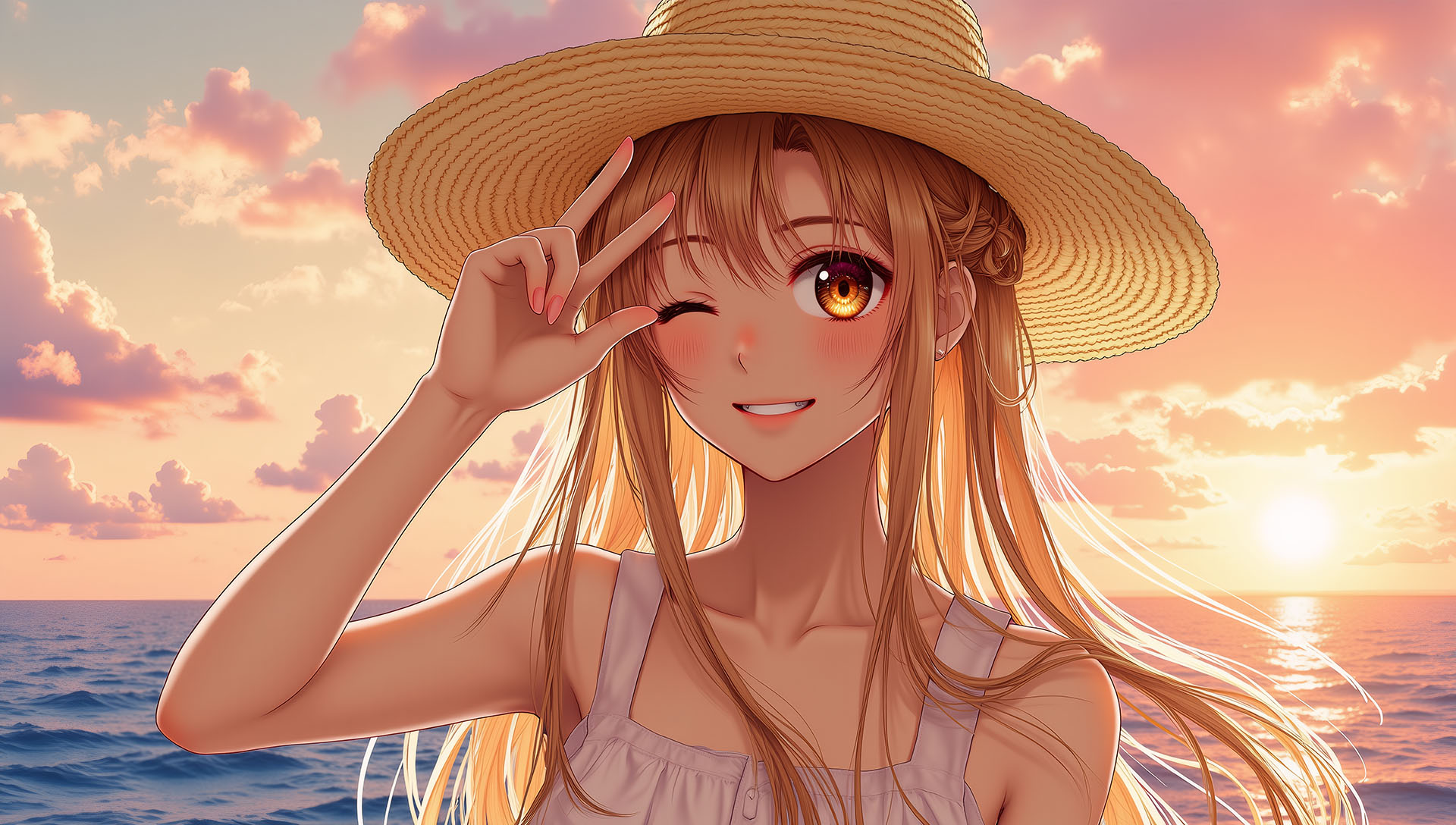 Asuna smiles in the sunset at the beach.
