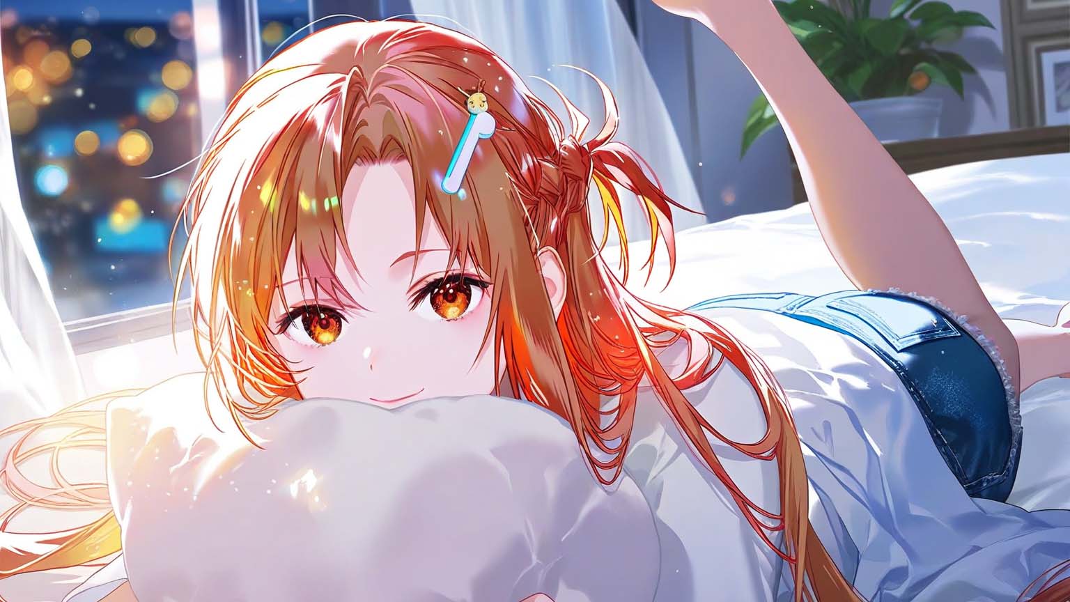 Asuna was lying in bed in her pajamas.